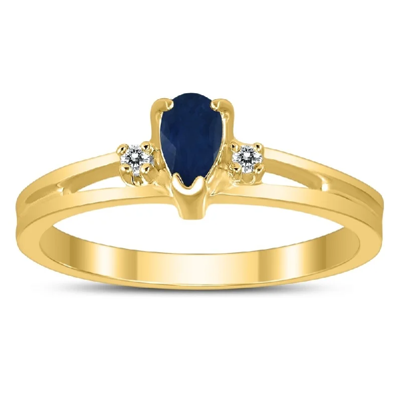 Women’s sapphire ring-5X3MM Sapphire and Diamond Pear Shaped Open Three Stone Ring in 10K Yellow Gold