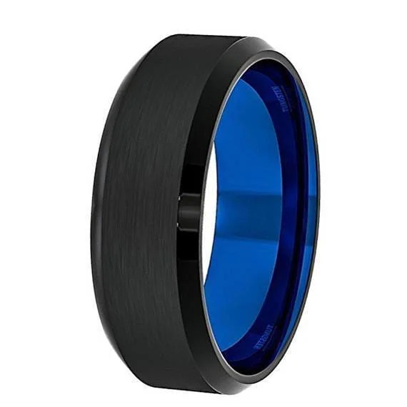 Women’s adjustable ring-Men's Black Tungsten Wedding Band With Beveled Edges and Blue Inside - 8 mm