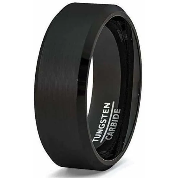 Women’s classic solitaire ring-Men's Classic Black Tungsten Carbide Ring With Beveled Edges & Brushed Center - 8mm