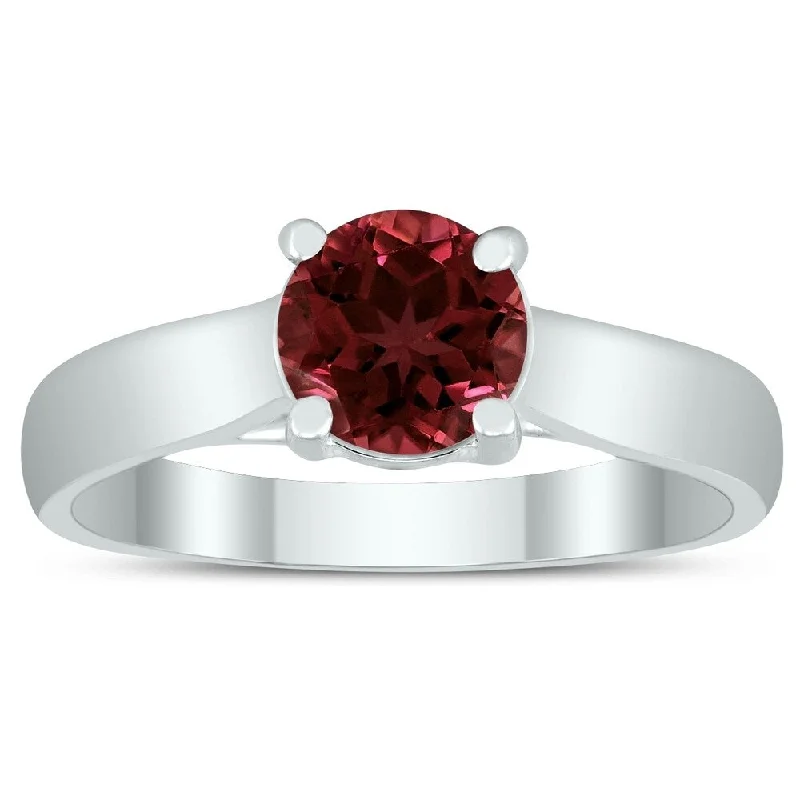 Women’s banded ring-Round 6MM Garnet Cathedral Solitaire Ring in 10K White Gold