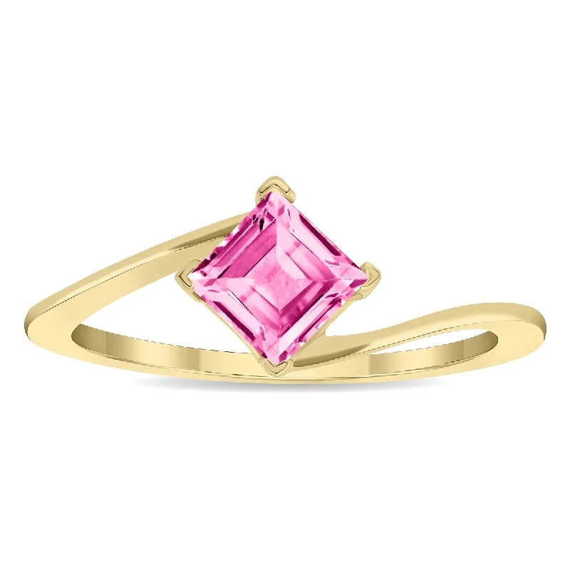 Women’s pearl ring-Women's Solitaire Square Shaped Pink Topaz Wave Ring in 10K Yellow Gold