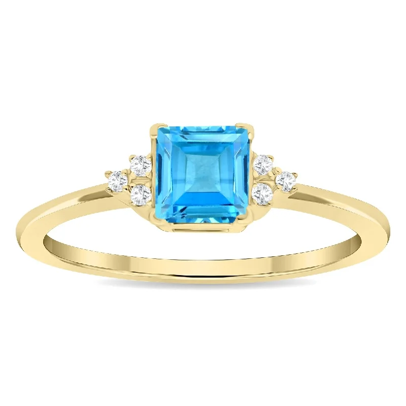 Women’s halo engagement ring-Women's Square Shaped Blue Topaz and Diamond Half Moon Ring in 10K Yellow Gold