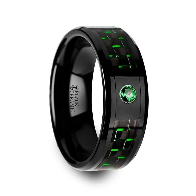 Women’s textured ring-BONO Ceramic Ring With Black And Green Carbon Fiber And Green Emerald Setting - 8mm