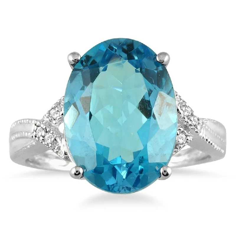 Women’s elegant ring-8 Carat Oval Swiss Blue Topaz and Diamond Ring in 10K White Gold