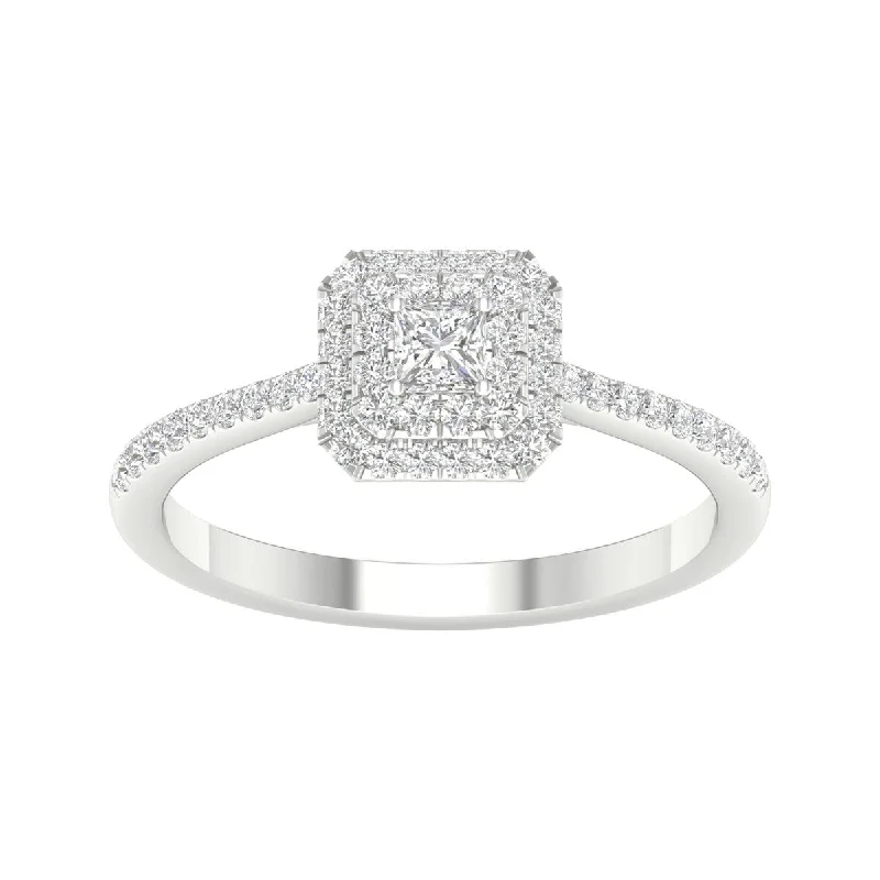 Women’s three-stone engagement ring-3/8ct TDW Princess Cut Diamond Halo Ring in 10k Gold by De Couer