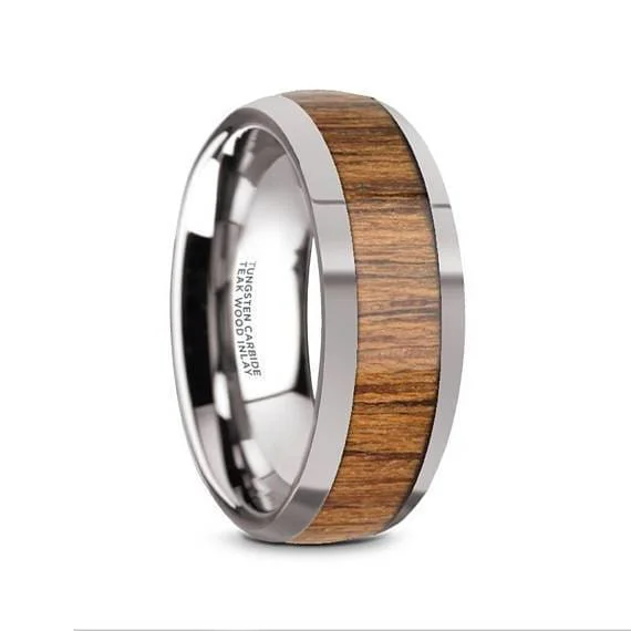 Women’s diamond halo ring-Men's Tungsten Carbide Wedding Band With Teak Wood Inlay High Polish Edges - 8 mm