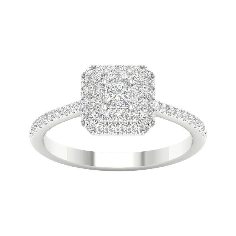 Women’s trendy ring-1/2ct TDW Princess Cut Diamond Halo Ring in 10k Gold by De Couer