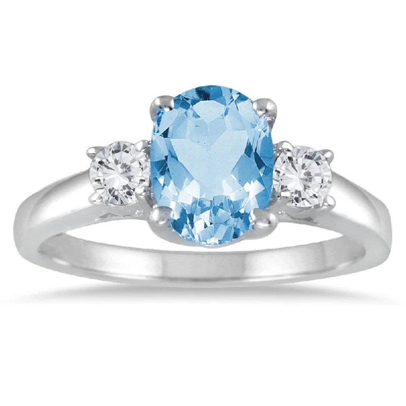 Women’s diamond halo ring-1 3/4 Carat Blue Topaz and Diamond Three Stone Ring 14K White Gold