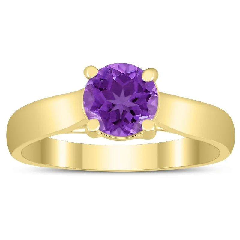 Women’s twisted ring-Round 6MM Amethyst Cathedral Solitaire Ring in 10K Yellow Gold