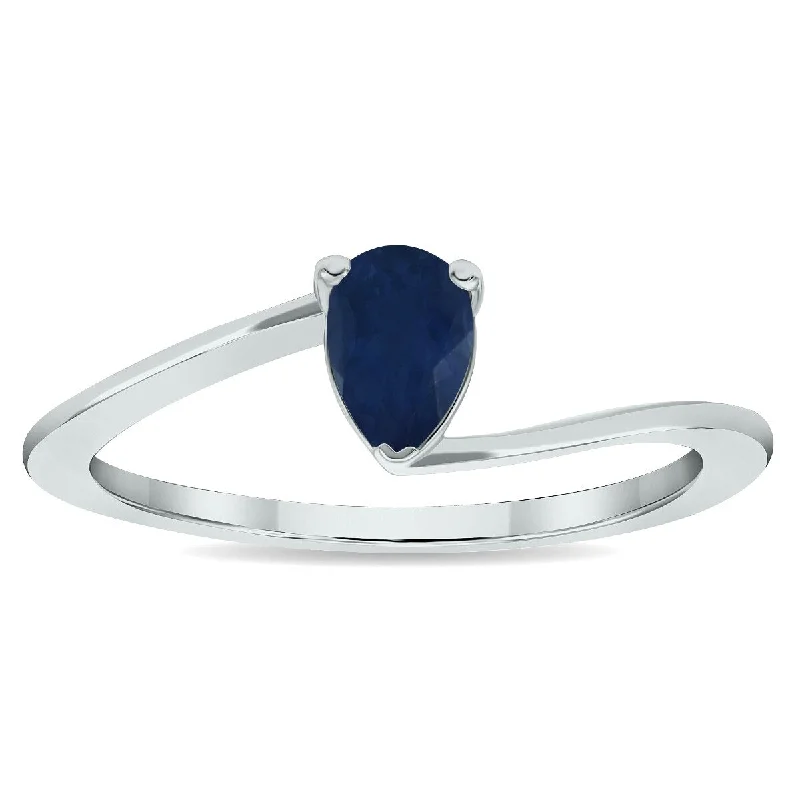 Women’s multi-stone ring-Women's Solitaire Sapphire Wave Ring in 10K White Gold