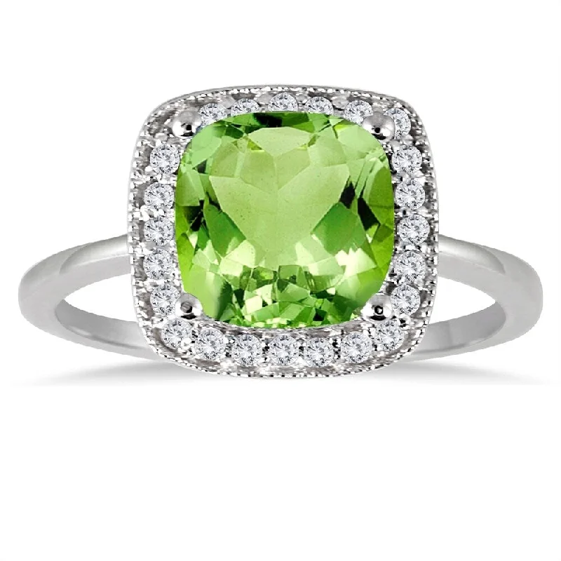 Women’s dainty ring-Cushion Cut Peridot and Diamond Halo Ring in 14K White Gold