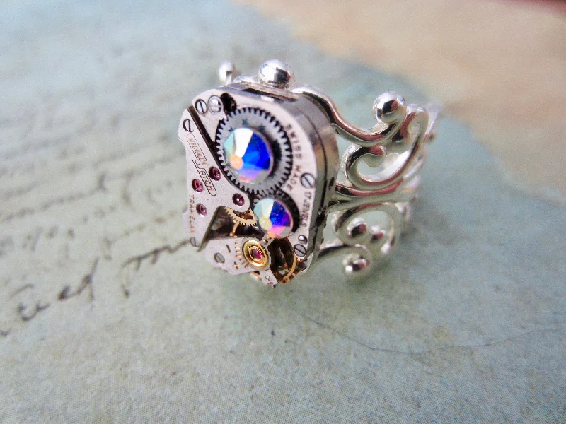 Women’s sterling silver ring-Steampunk Ring Statement Antique Silver Adjustable Watch Movement Ring  BOHO Steampunk Jewelry