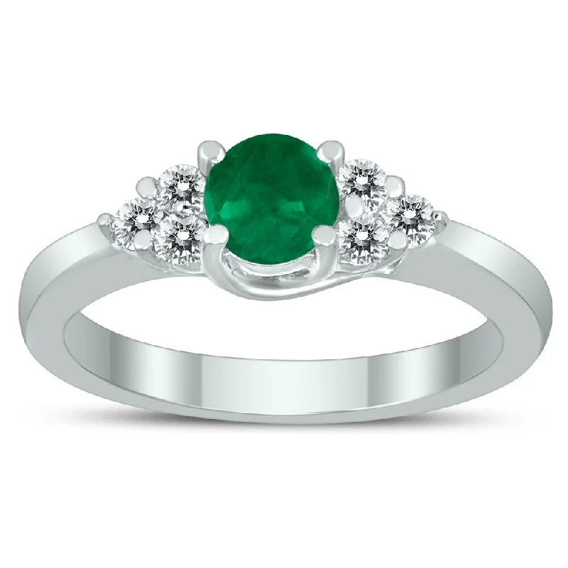 Women’s custom gemstone ring-5MM Emerald and Diamond Cynthia Ring in 10K White Gold