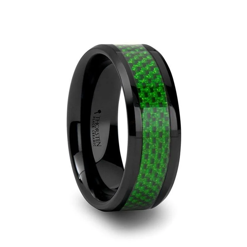 Women’s floral ring-BUNIM Men's Black Ceramic Ring With Emerald Green Carbon Fiber Inlay - 8mm