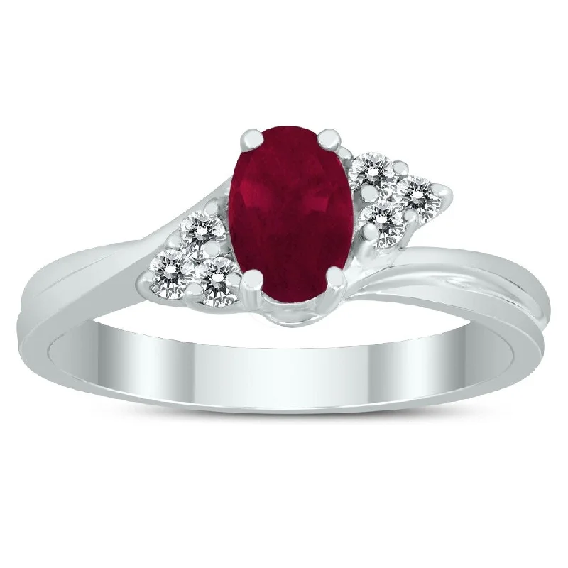 Women’s solitaire ring-6X4MM Ruby and Diamond Twist Ring in 10K White Gold