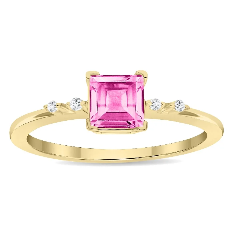 Women’s emerald-cut ring-Women's Square Shaped Pink Topaz and Diamond Sparkle Ring in 10K Yellow Gold