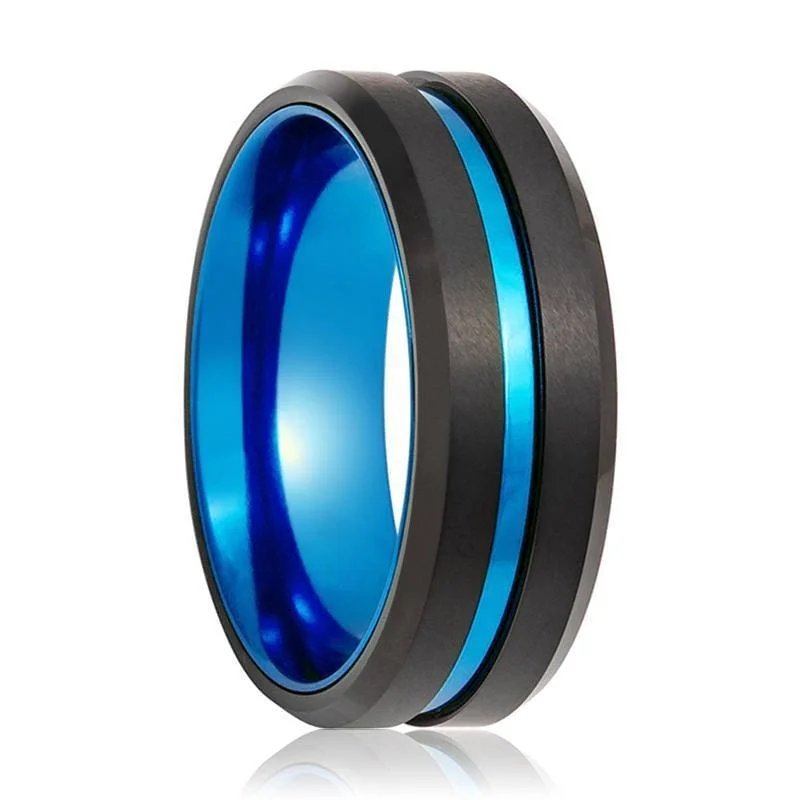 Women’s gemstone ring-Men's Beveled Sky Blue Grooved Black Tungsten Carbide Wedding Band - 8mm