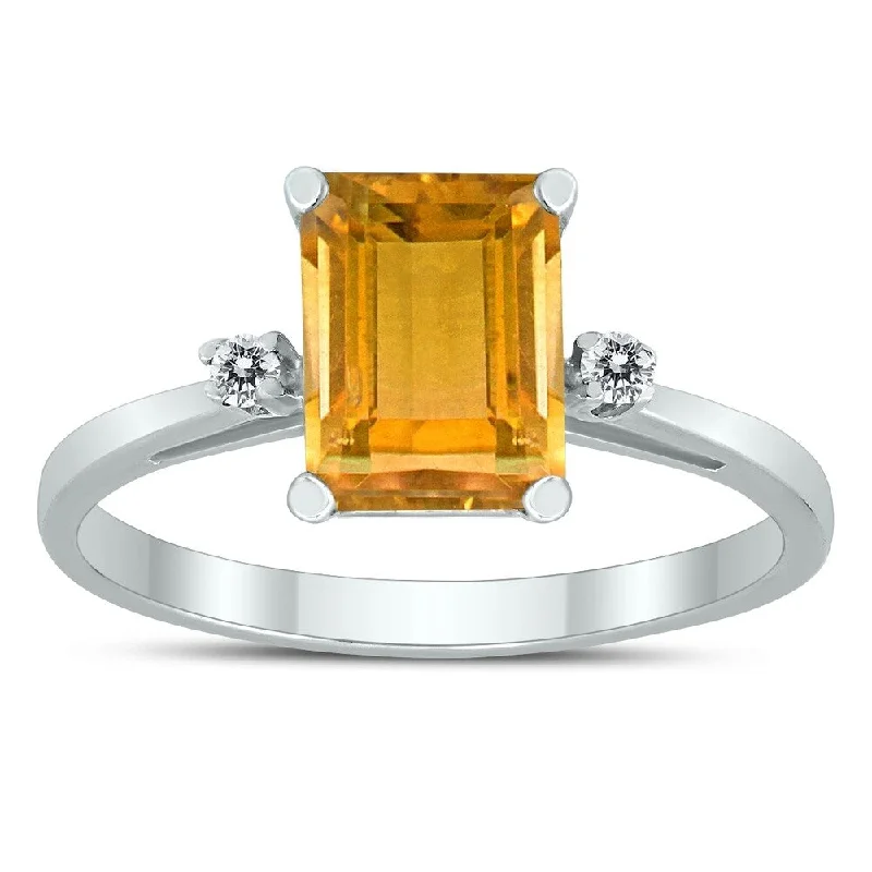 Women’s engagement ring-Emerald Cut 8X6MM Citrine and Diamond Three Stone Ring in 10K White Gold