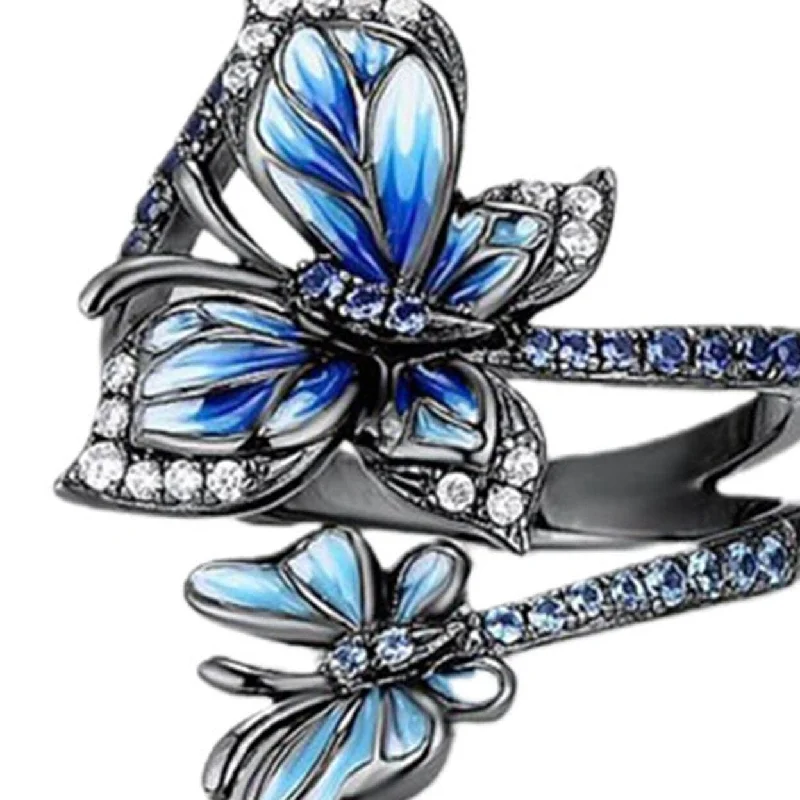 Women’s engraved ring-Adjustable Ring Elegant OpenEnd Design Three Blue Butterflies Ring Jewelry For Party