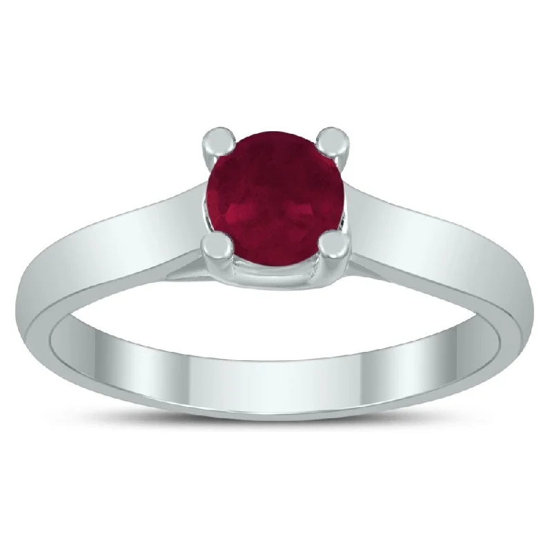 Women’s antique gold ring-Round 5MM Ruby Cathedral Solitaire Ring in 10K White Gold