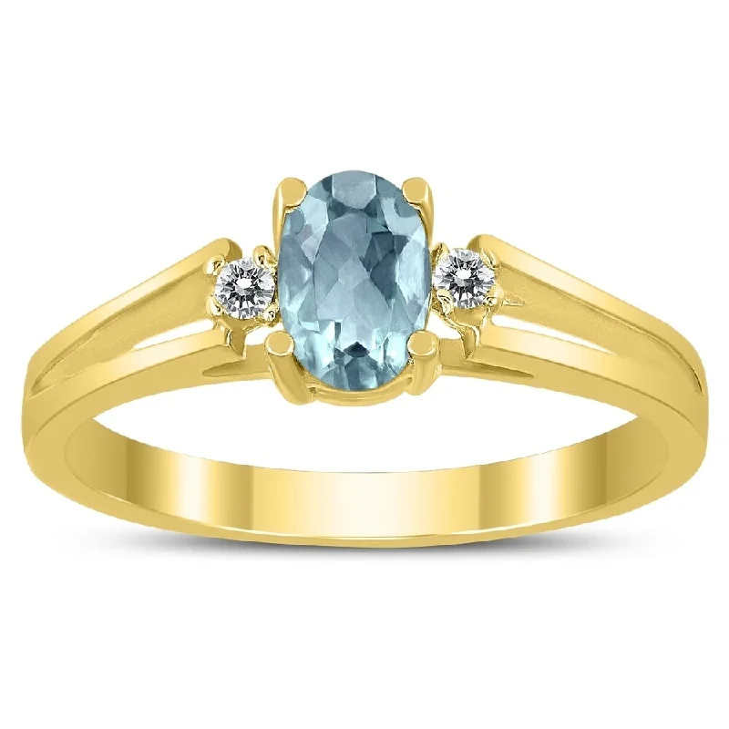 Women’s wide gemstone ring-6X4MM Aquamarine and Diamond Open Three Stone Ring in 10K Yellow Gold