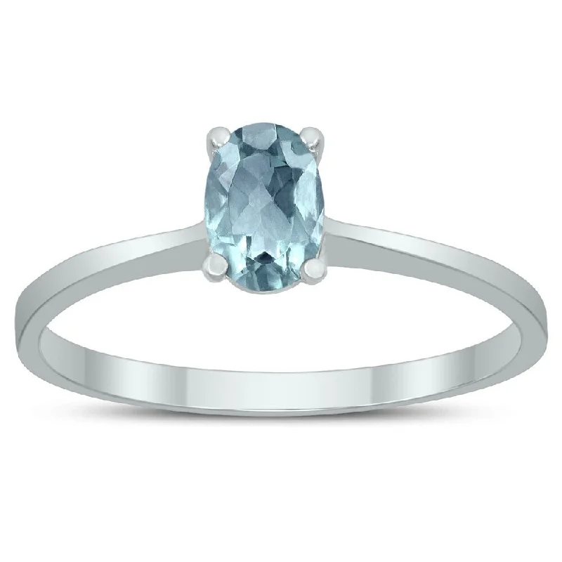 Women’s cocktail ring-Oval Solitaire 6X4MM Aquamarine Ring in 10K White Gold