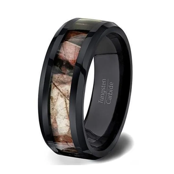 Women’s gold band ring-Mens Black Carbide Tungsten Wedding Ring Forest Camo Comfort Fit Beveled Edge - 8mm