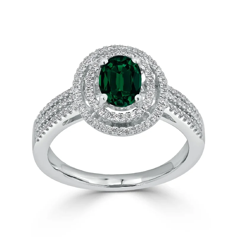 Women’s round diamond ring-Auriya Modern 3/4ct Oval Emerald and Halo Diamond Ring 1/4cttw 18K Gold