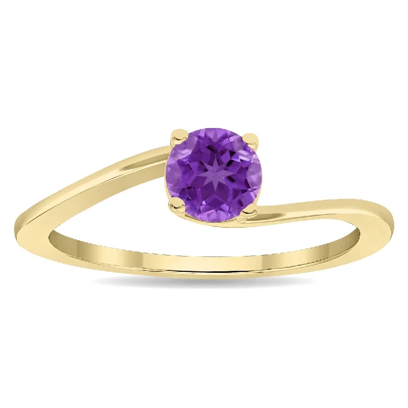 Women’s rose-cut diamond ring-Women's Round Shaped Solitaire Amethyst Wave Ring in 10K Yellow Gold