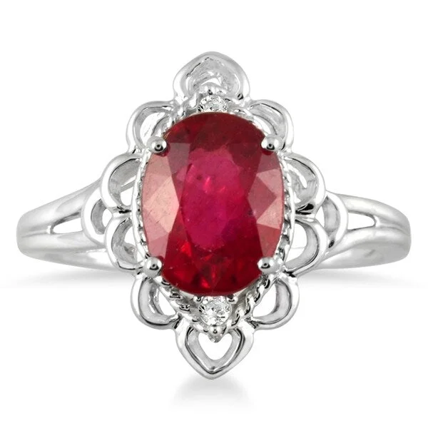 Women’s birthstone ring-2.50 Carat Oval Ruby and Diamond Engraved Ring in 10K White Gold