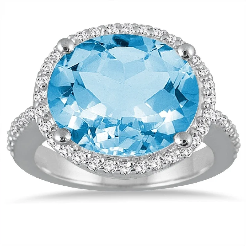 Women’s engagement ring-8 Carat Oval Blue Topaz and Diamond Ring in 14K White Gold