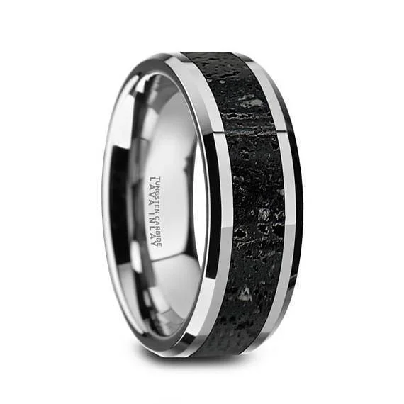 Women’s titanium ring-Theo Men's Domed Tungsten Black & Grey Lava Rock Stone Wedding Band - 8mm