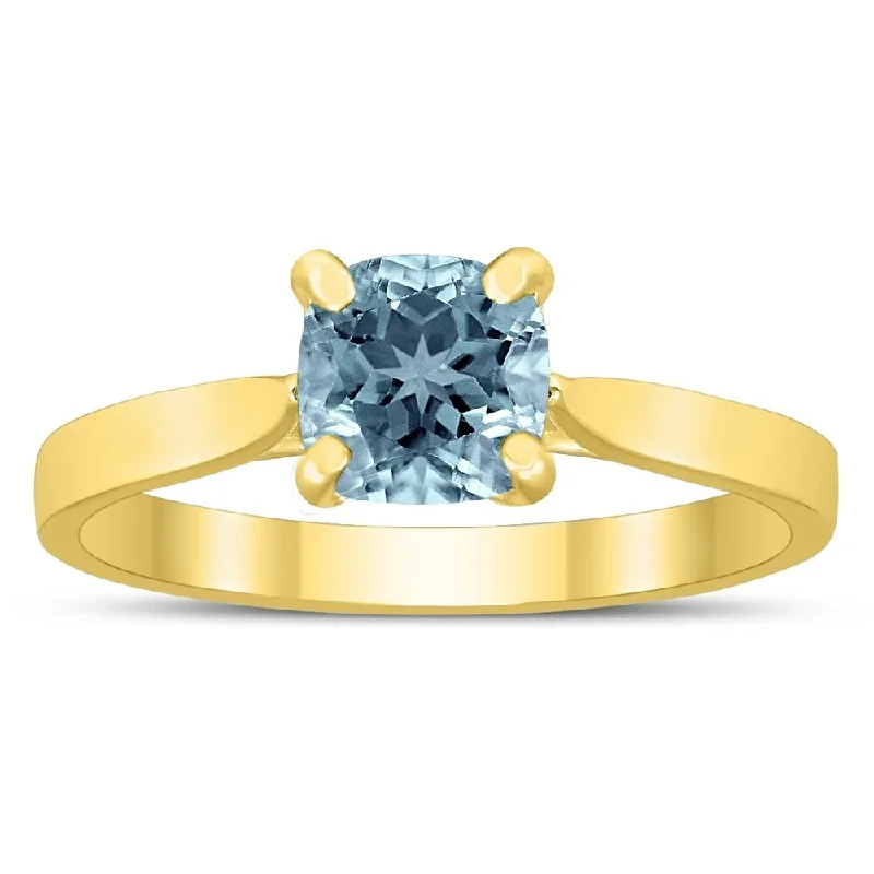 Women’s fashion ring-Square Princess Cut 6MM Aquamarine Solitaire Ring in 10K Yellow Gold