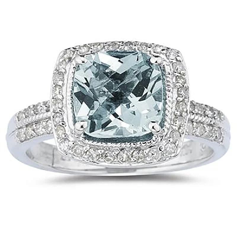 Women’s heart-shaped ring-2 1/2 Carat Cushion Cut Aquamarine & Diamond Ring in 14K White Gold