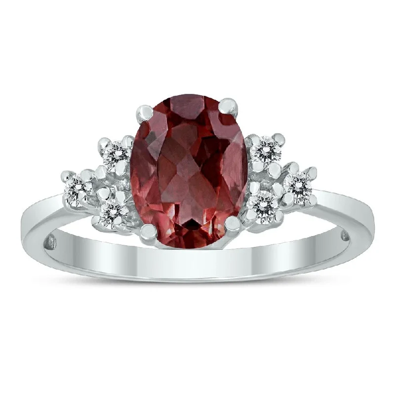 Women’s art deco ring-8X6MM Garnet and Diamond Regal Ring in 10K White Gold