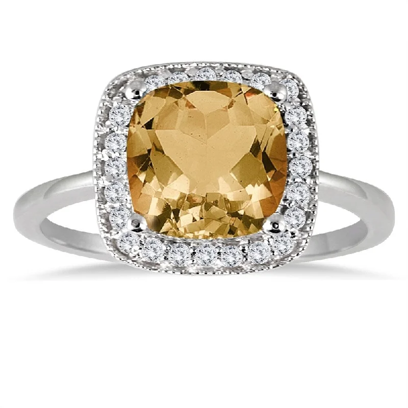 Women’s vintage engagement ring-1 1/4 Carat Cushion Cut Citrine and Diamond Ring in 14K White Gold