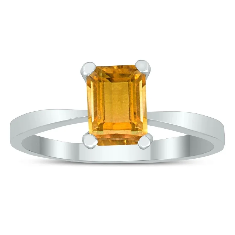 Women’s emerald ring-Emerald Shaped 7X5MM Citrine Solitaire Ring in 10K White Gold