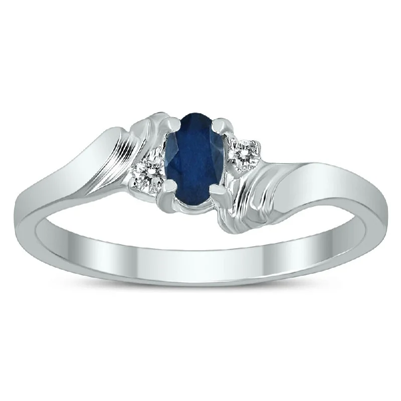 Women’s antique ring-5X3MM Sapphire and Diamond Wave Ring in 10K White Gold