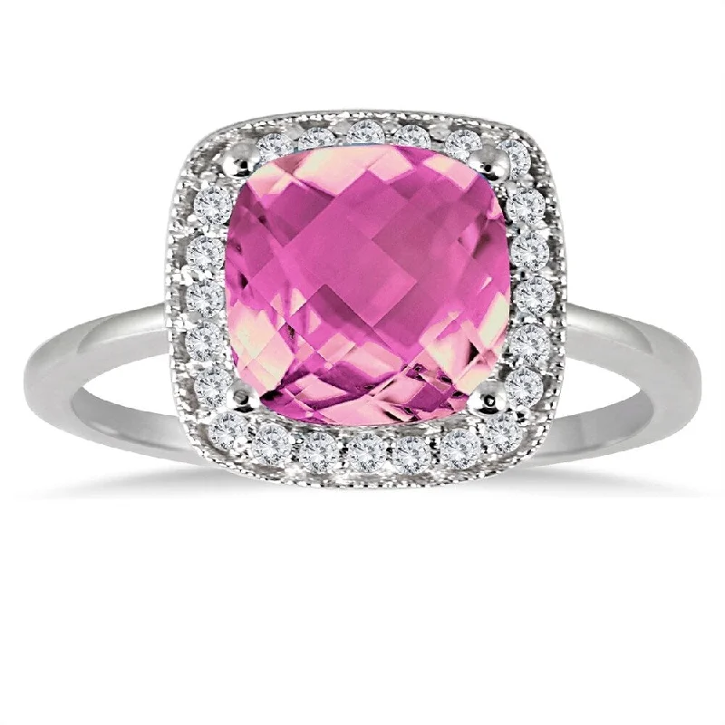 Women’s designer diamond ring-1.65 Carat Cushion Cut Pink Topaz and Diamond Ring in 14K White Gold