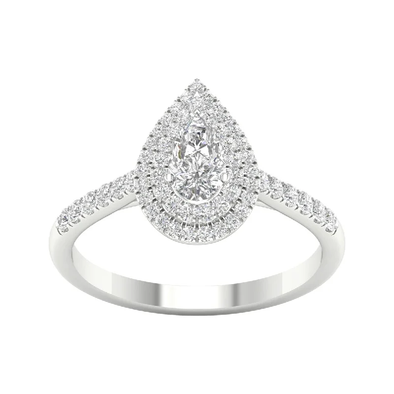 Women’s moissanite ring-3/4ct TDW Diamond Pear Shape Double Halo Ring in 10k Gold by De Couer