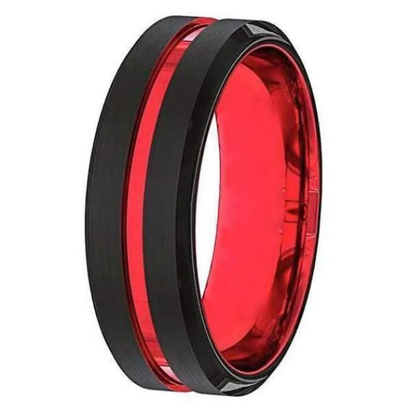 Women’s adjustable gemstone ring-Colton Men's Black And Red Grooved Tungsten Wedding Band 6mm & 8mm