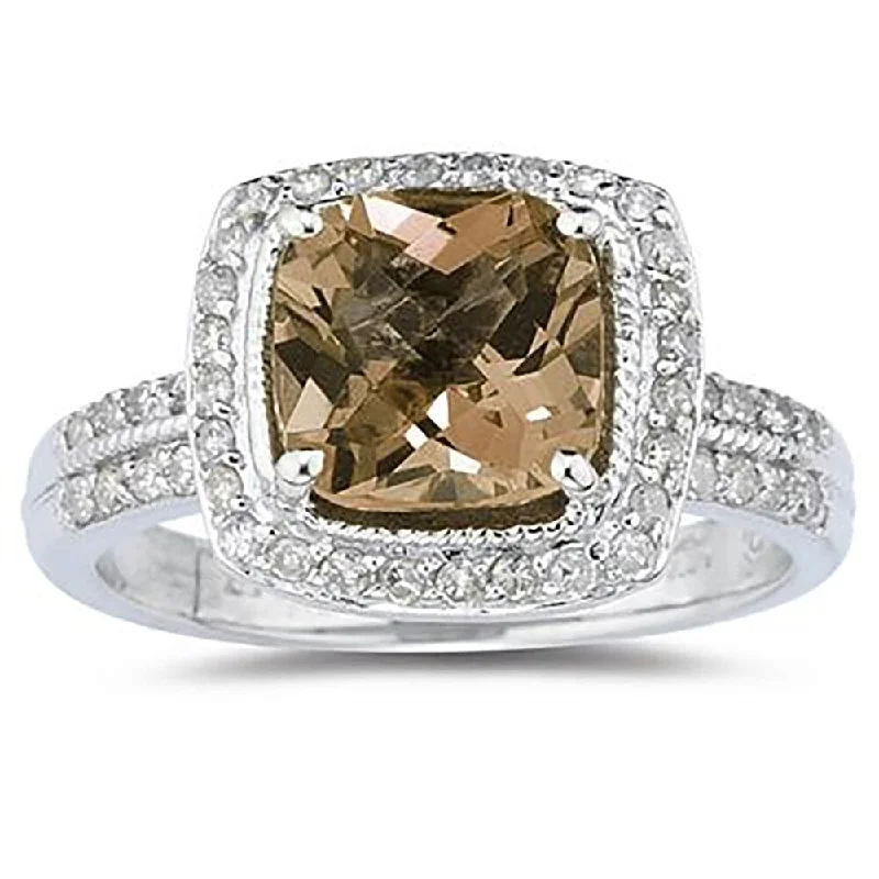 Women’s opal ring-2 1/2 Carat Cushion Cut Smokey Quartz & Diamond Ring in 14K White Gold