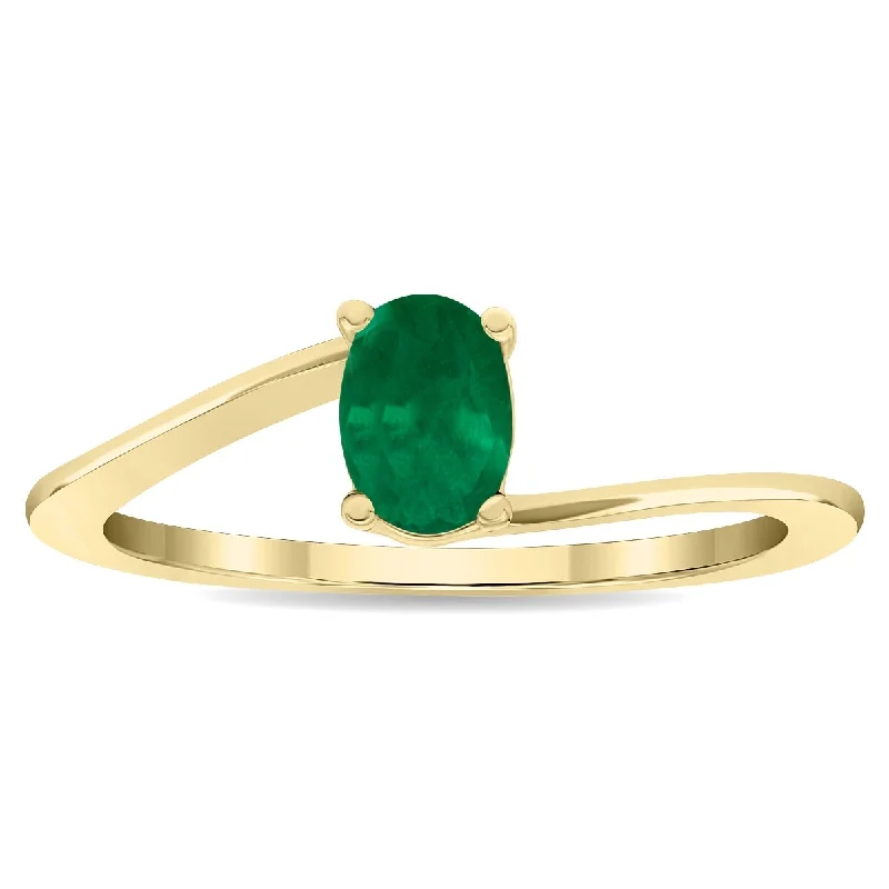 Women’s eternity ring-Women's Solitaire Oval Shaped Emerald Wave Ring in 10K Yellow Gold