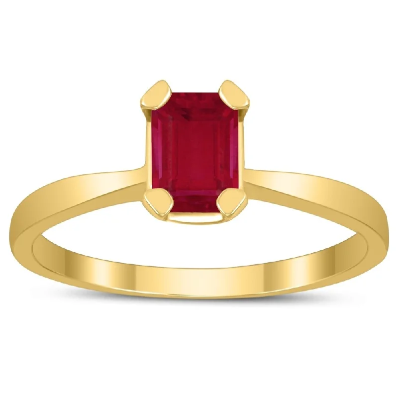 Women’s stackable rings-Emerald Shaped 6X4MM Ruby Solitaire Ring in 10K Yellow Gold