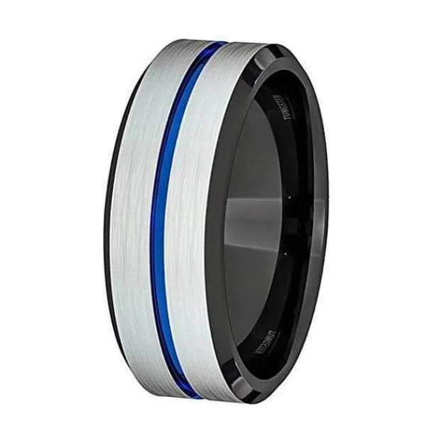 Women’s rose-cut diamond ring-ARLO Men's Tungsten Wedding Ring w/ Blue Groove and Black Inside - 8 mm