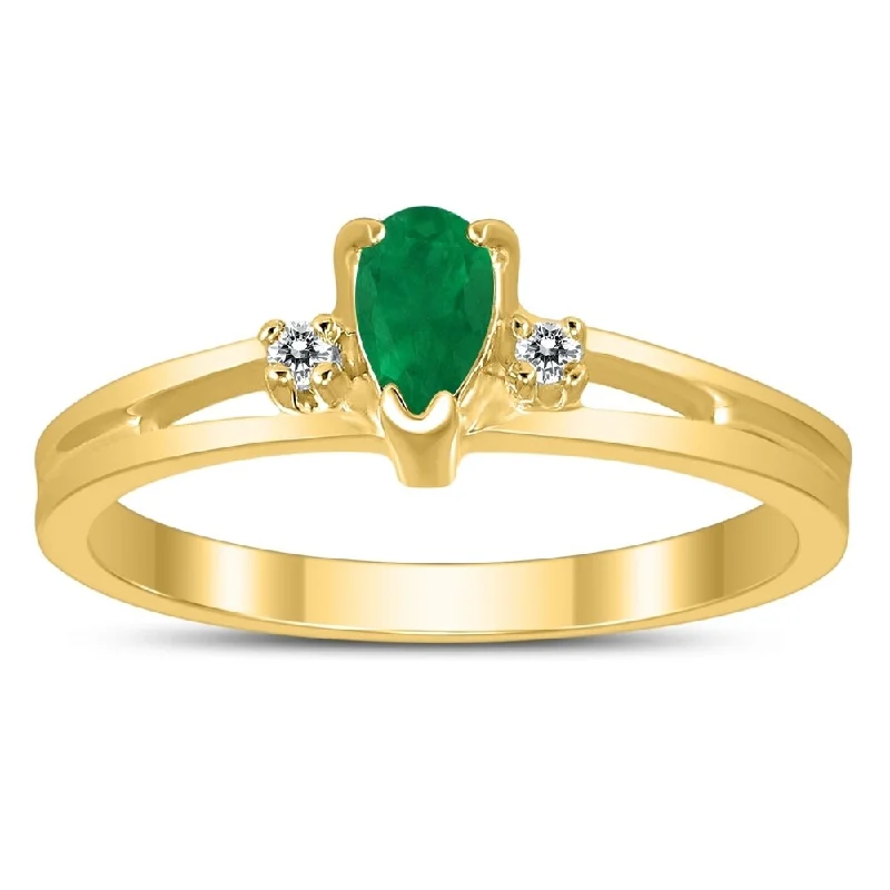 Women’s floral ring-5X3MM Emerald and Diamond Pear Shaped Open Three Stone Ring in 10K Yellow Gold