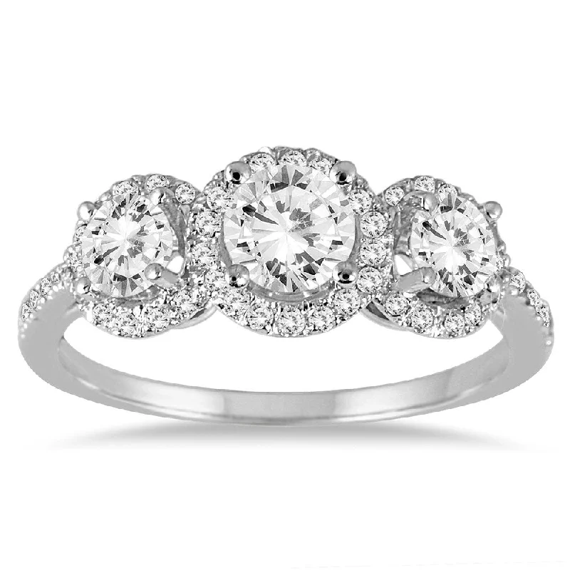 Women’s promise ring-1 1/3 Carat TW Diamond Three Stone Halo Ring in 14K White Gold