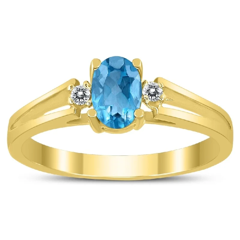 Women’s rose gold ring-6X4MM Blue Topaz and Diamond Open Three Stone Ring in 10K Yellow Gold