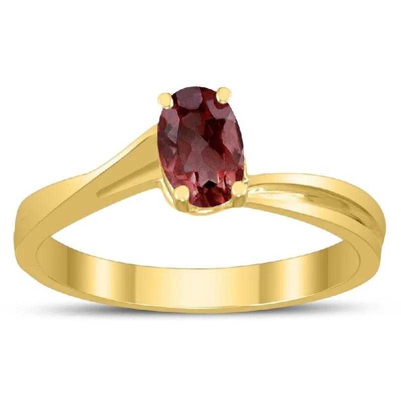 Women’s simple gold ring-Solitaire Oval 6X4MM Garnet Gemstone Twist Ring in 10K Yellow Gold