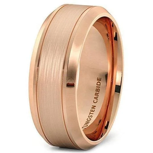 Women’s engagement ring-Classic Rose Gold Inlaid Tungsten Wedding Band With Brushed Center - 8mm